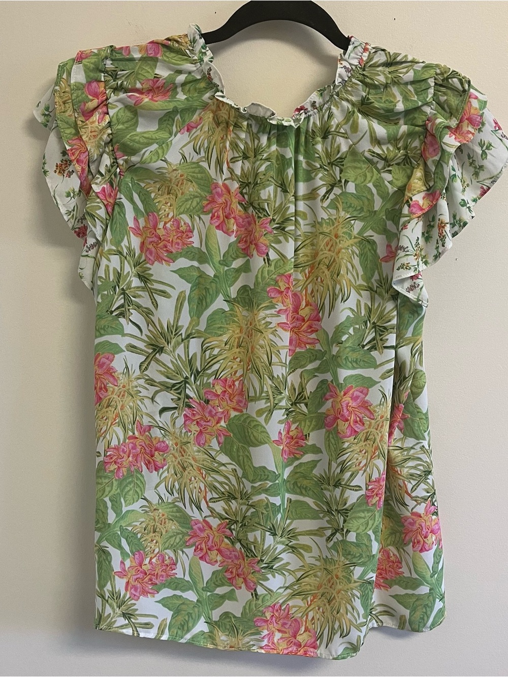 Rose + Olive Boho Fairy Blouse Medium Tropical Resort Flowy Short Flutter Sleeve - Picture 2 of 13